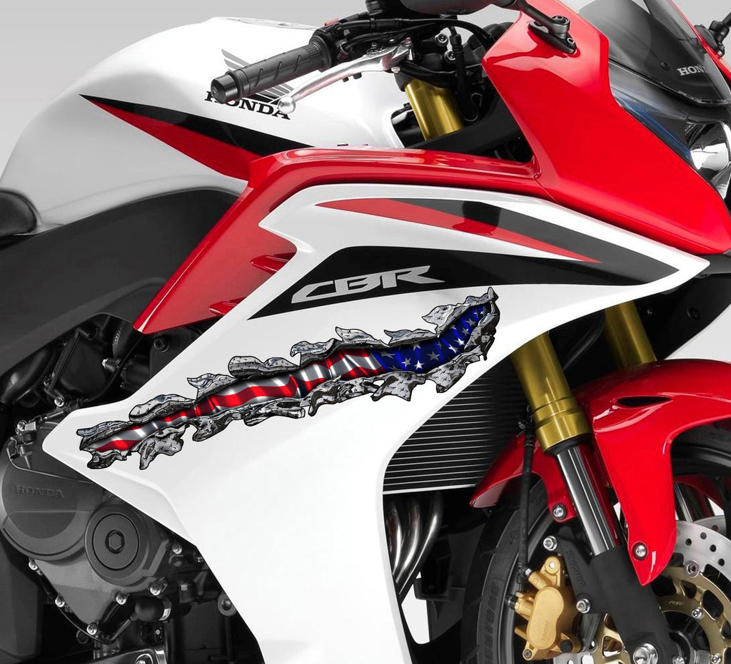 Ripped Metal USA Flag Bike Vinyl Graphics, USA Flag Motorcycle Vinyl Decal, American Flag Bike Decal, USA Flag Crotch Rocket Sticker