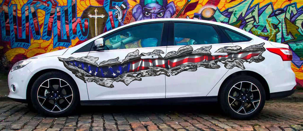 American Flag full color car side graphics, 3D Ripped Metal USA Flag Car Decal, 3D USA Flag Car Side Wrap, USA Flag Car Vinyl Sticker
