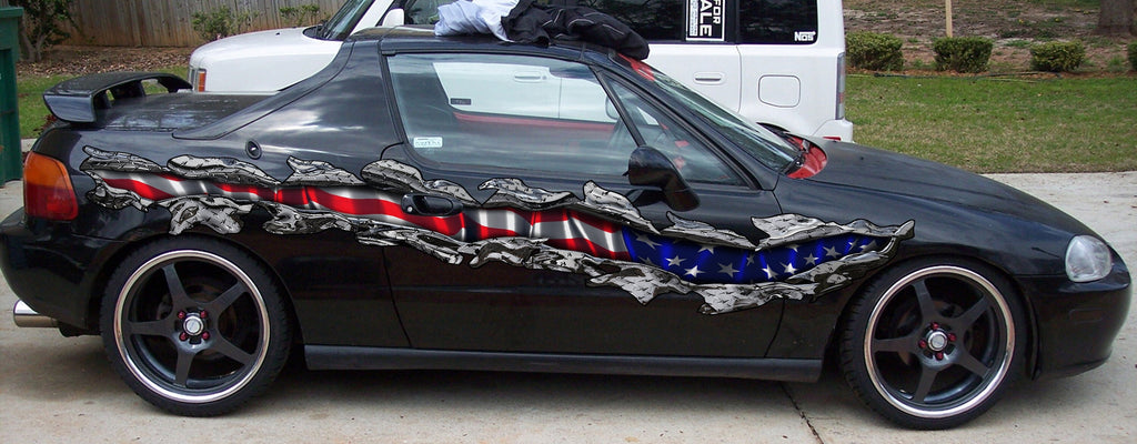 American Flag full color car side graphics, 3D Ripped Metal USA Flag Car Decal, 3D USA Flag Car Side Wrap, USA Flag Car Vinyl Sticker
