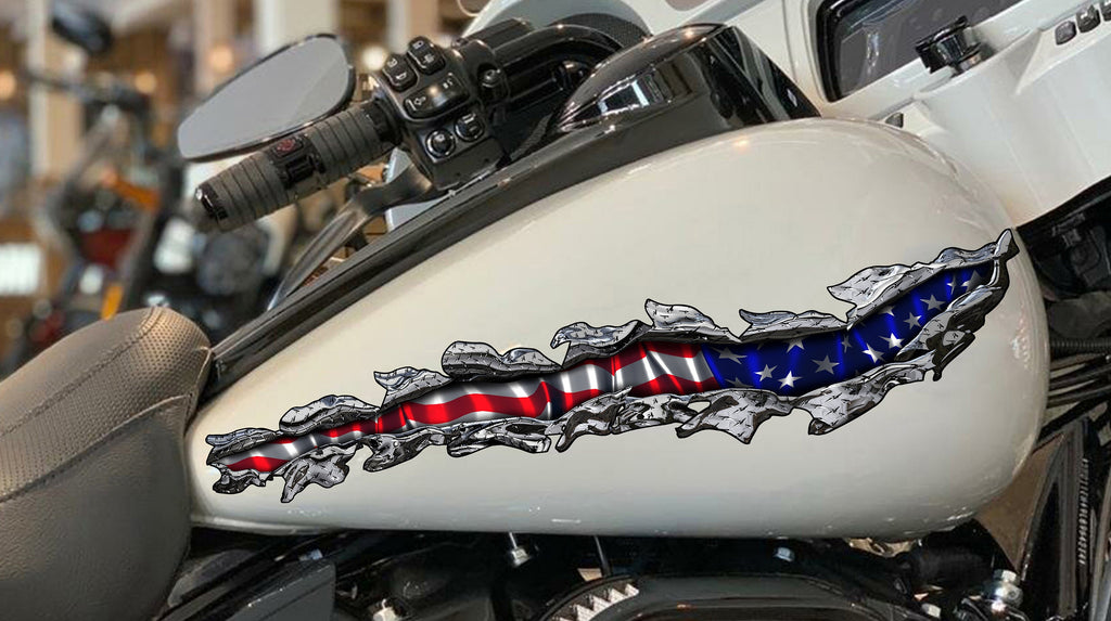 US Flag crotch rocket vinyl graphic, Ripped Metal full color bike design, 3D American flag bike vinyl decal, USA Flag Crotch Rocket Graphics