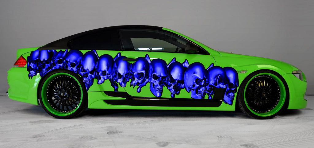 3D Skulls Car Graphics, 3D Skulls Racing Stripes Vinyl Sticker, 3D Skulls Car Sticker, Skulls Tribal Car Wrap, Skulls Car Decal