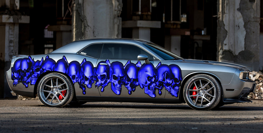 3D Skulls Car Graphics, 3D Skulls Racing Stripes Vinyl Sticker, 3D Skulls Car Sticker, Skulls Tribal Car Wrap, Skulls Car Decal