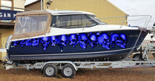Load image into Gallery viewer, Skulls Boat Vinyl Sticker, Skulls Racing Stripes Watercraft Graphics, Pirate Skulls Boat Wrap, Full Color Cigar Boat Graphics Vinyl Decal