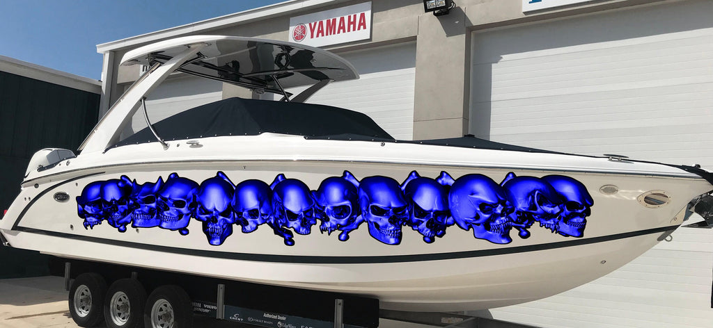 3D Skulls Yacht Vinyl Wrap, 3D Pirate Skulls Boat Decals, Pirate Skull Watercraft Vinyl Graphics, Tribal Yacht Vinyl, Skulls Boat Decals