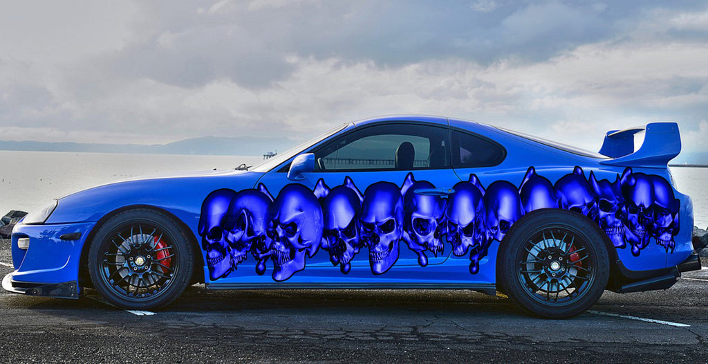 3D Skulls Car Graphics, 3D Skulls Racing Stripes Vinyl Sticker, 3D Skulls Car Sticker, Skulls Tribal Car Wrap, Skulls Car Decal