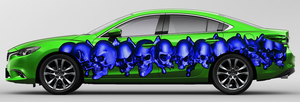 3D Skulls Car Graphics, 3D Skulls Racing Stripes Vinyl Sticker, 3D Skulls Car Sticker, Skulls Tribal Car Wrap, Skulls Car Decal