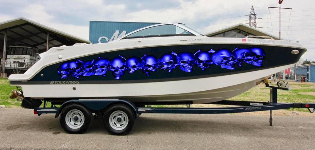 Skulls Boat Vinyl Sticker, Skulls Racing Stripes Watercraft Graphics, Pirate Skulls Boat Wrap, Full Color Cigar Boat Graphics Vinyl Decal