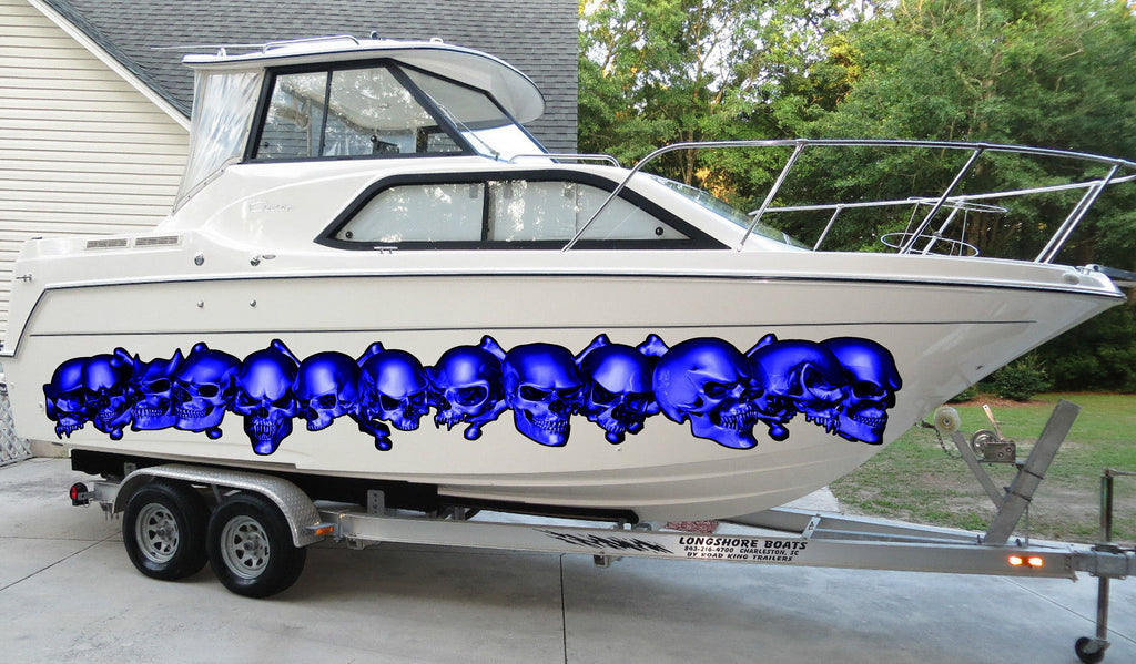 Skulls Boat Vinyl Sticker, Skulls Racing Stripes Watercraft Graphics, Pirate Skulls Boat Wrap, Full Color Cigar Boat Graphics Vinyl Decal