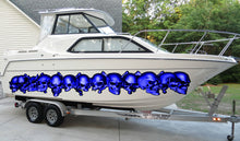 Load image into Gallery viewer, Skulls Boat Vinyl Sticker, Skulls Racing Stripes Watercraft Graphics, Pirate Skulls Boat Wrap, Full Color Cigar Boat Graphics Vinyl Decal