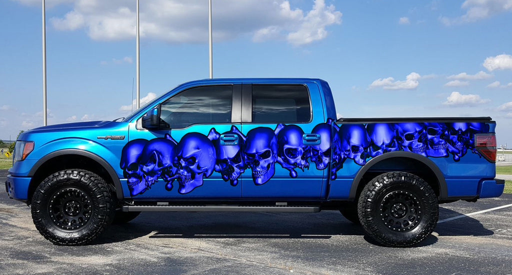 3D Pirate Skull Truck Vinyl Decal, Skull Racing Stripes Car Sticker, Skulls Full Color Truck Side Graphics, Tribal Skulls Car Wrap