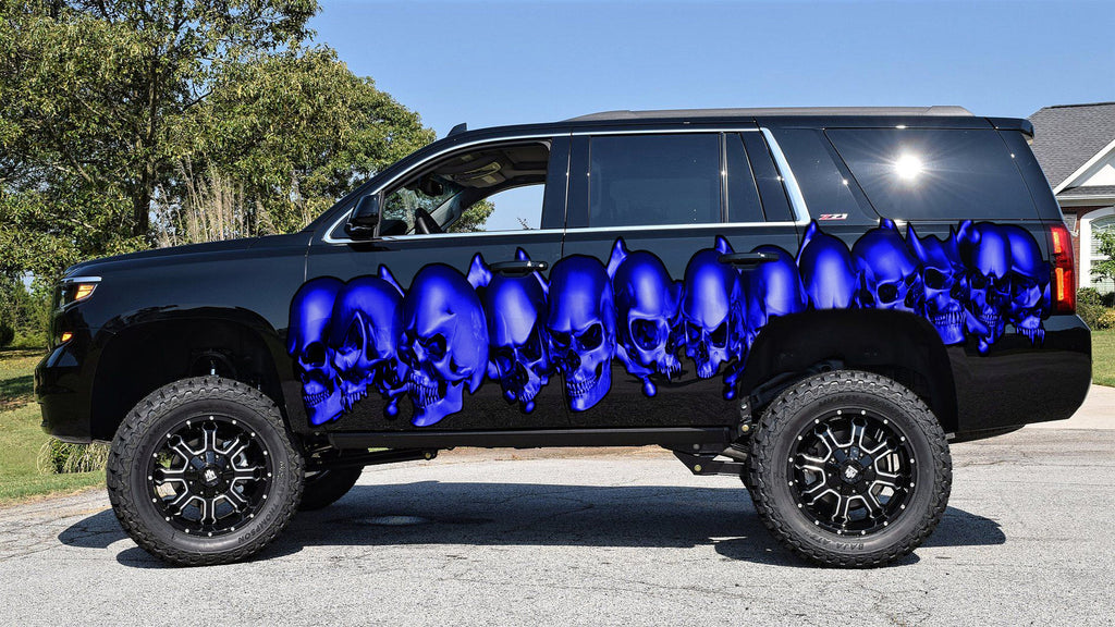 3D Pirate Skull Truck Vinyl Decal, Skull Racing Stripes Car Sticker, Skulls Full Color Truck Side Graphics, Tribal Skulls Car Wrap