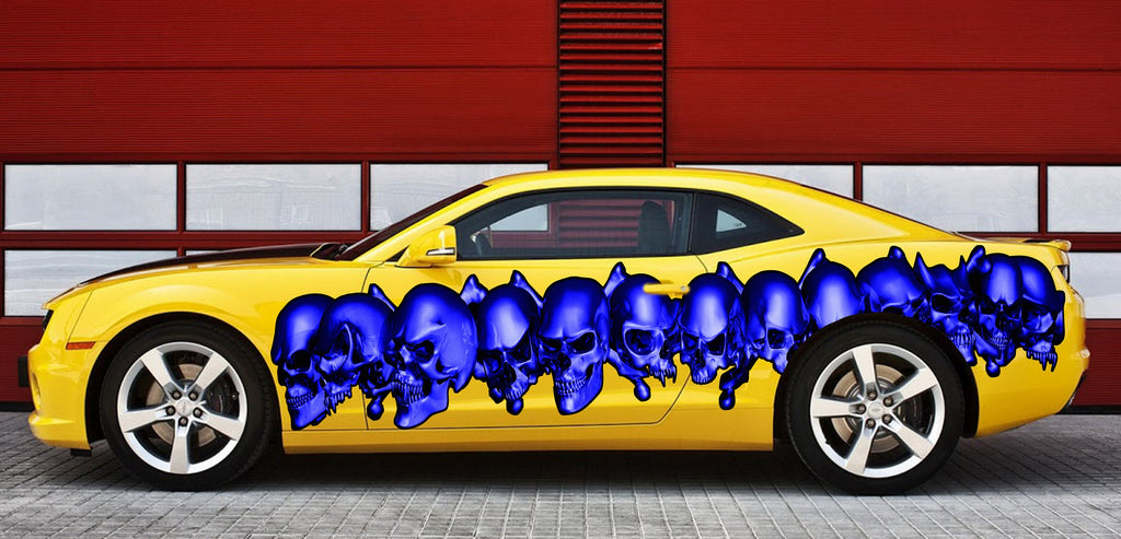 Tribal Skulls Racing Stripes Vinyl Decal, Skulls Car Wrap, 3D Pirate Skull Full Color Car Vinyl Design, Skull Car Vinyl Sticker, Car Decal