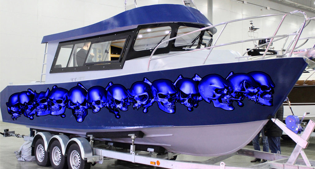 3D Skulls Yacht Vinyl Wrap, 3D Pirate Skulls Boat Decals, Pirate Skull Watercraft Vinyl Graphics, Tribal Yacht Vinyl, Skulls Boat Decals