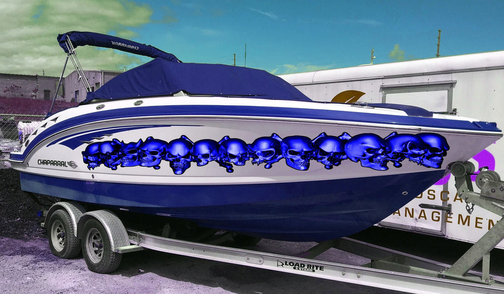 3D Skulls Yacht Vinyl Wrap, 3D Pirate Skulls Boat Decals, Pirate Skull Watercraft Vinyl Graphics, Tribal Yacht Vinyl, Skulls Boat Decals