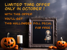 Load image into Gallery viewer, Halloween Gothic Decal, Scary Window Decor, Scary Large Doll Decal, Halloween Party Decorations, Halloween Art Print, Halloween Car Sticker