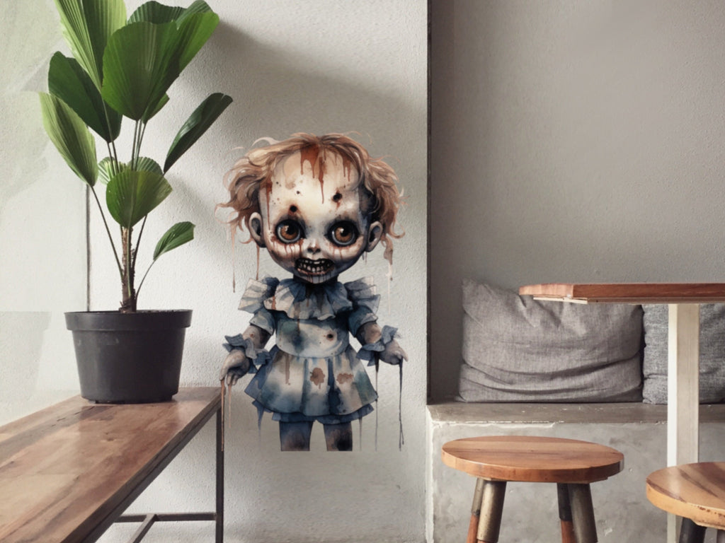 Spooky and Stylish Halloween Goth Doll Sticker for Window - Perfect for adding a touch of darkness to your house party!