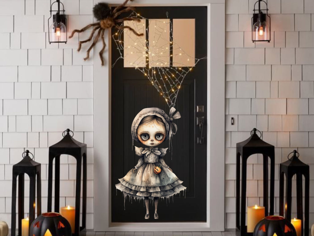 Spooky Halloween Doll Wall Decal - Creepy and Cute Goth Decor - Creepy Silhouette Stickers for Doors & Garage Scary Holiday Wall Art