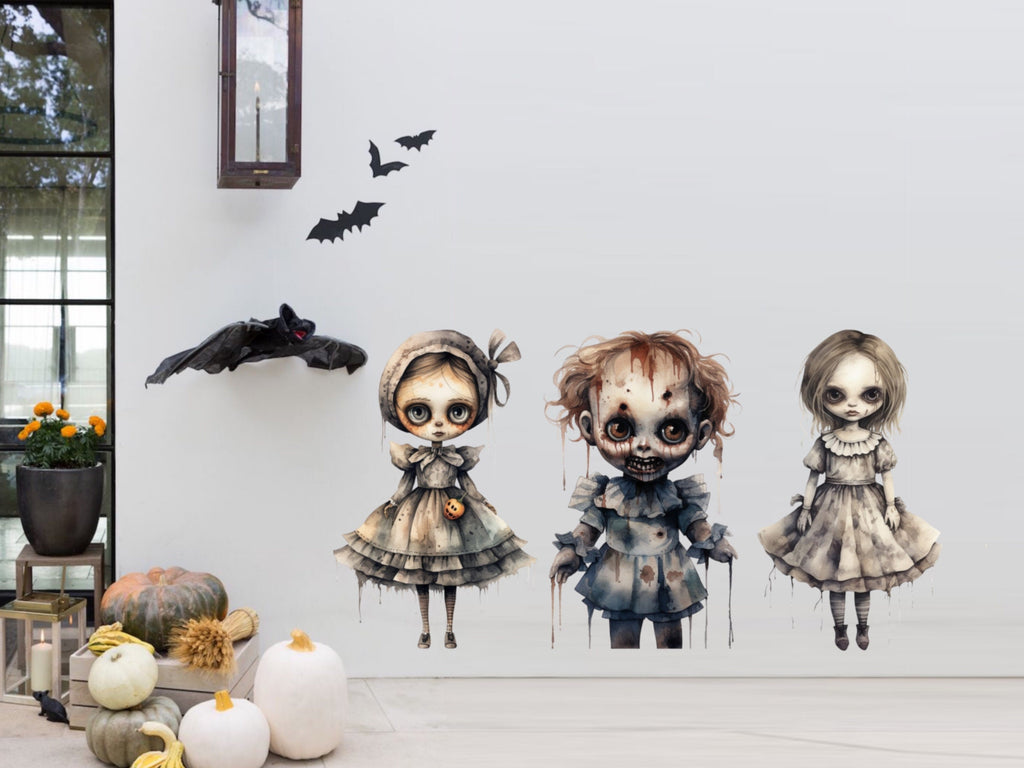 Spooky Halloween Doll Wall Decal - Creepy and Cute Goth Decor - Creepy Silhouette Stickers for Doors & Garage Scary Holiday Wall Art