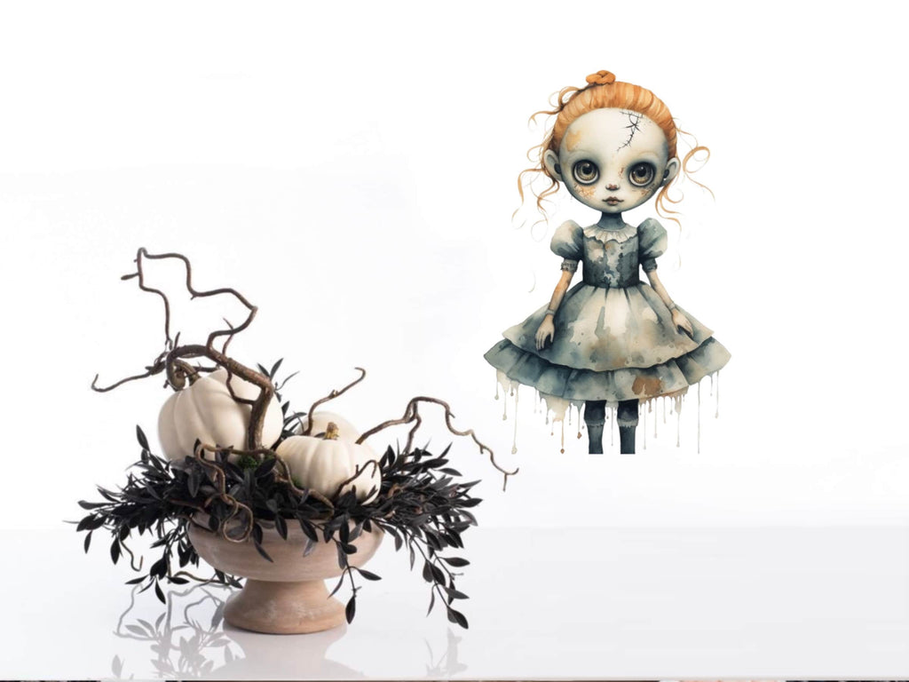 Scary Halloween Doll Wall Decal, Creepy and Cute Gothic Decor, Halloween Party Decor, Scary Stickers for Doors & Garage Holiday Wall Art