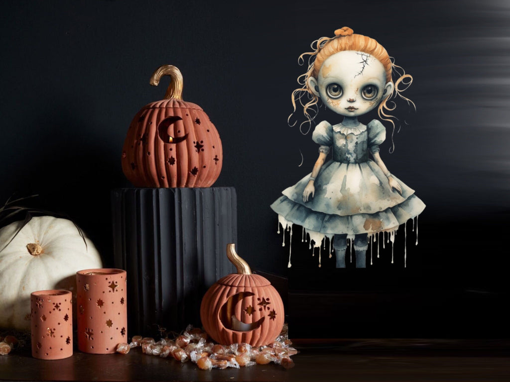 Scary Halloween Doll Wall Decal, Creepy and Cute Gothic Decor, Halloween Party Decor, Scary Stickers for Doors & Garage Holiday Wall Art