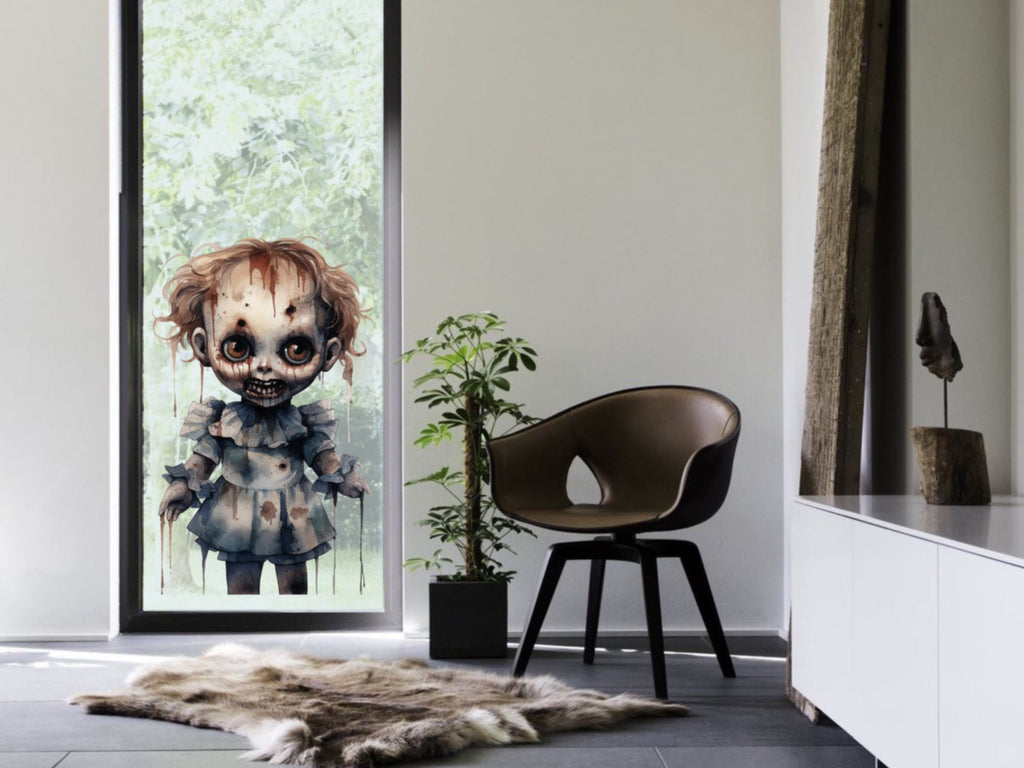 Spooky and Stylish Halloween Goth Doll Sticker for Window - Perfect for adding a touch of darkness to your house party!