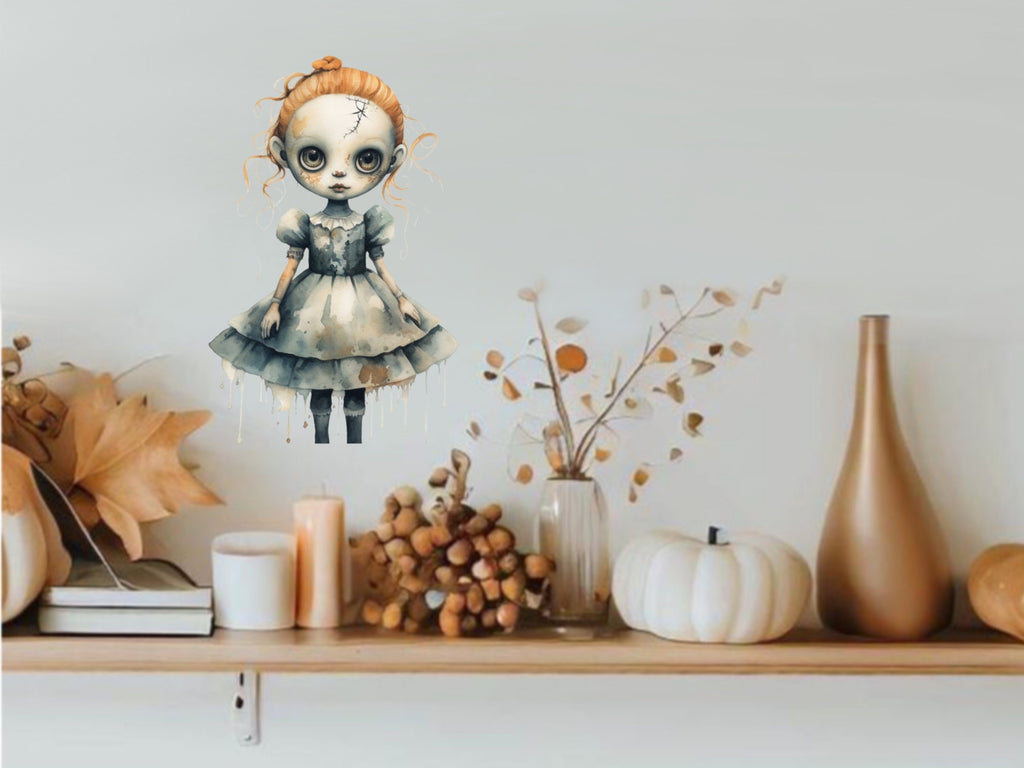 Scary Halloween Doll Wall Decal, Creepy and Cute Gothic Decor, Halloween Party Decor, Scary Stickers for Doors & Garage Holiday Wall Art