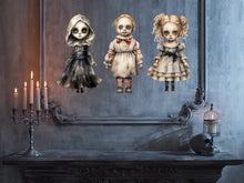 Load image into Gallery viewer, Halloween Gothic Decal, Scary Window Decor, Scary Large Doll Decal, Halloween Party Decorations, Halloween Art Print, Halloween Car Sticker
