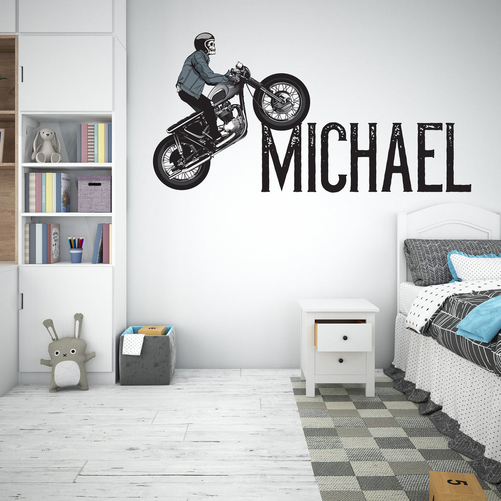Motocross Wall Art Decal, Custom Name Motocross Wall Decal, Ride Wall Art Stickers Skeleton Skull Wall Vinyl Nursery Wall Decals Decor 004LU