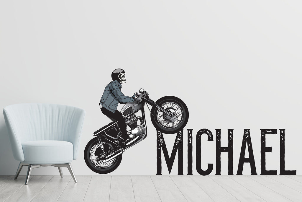 Motocross Wall Art Decal, Custom Name Motocross Wall Decal, Ride Wall Art Stickers Skeleton Skull Wall Vinyl Nursery Wall Decals Decor 004LU