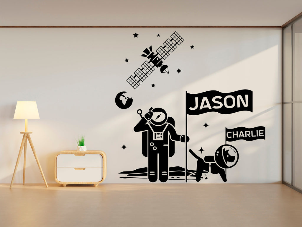 Custom name Astronaut and Dog wall decal, Space dog wall art decal, Astronaut room wall decor, Nursery, Space wall art decor, Playroom 006LU