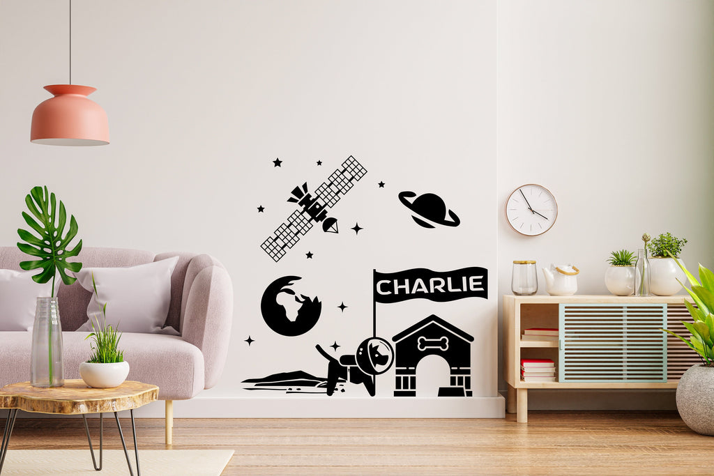 Custom name Astronaut Dog Kennel wall decal, Space dog wall art decal, Dog room wall decor, Nursery, Space wall art decor, Playroom 007LU