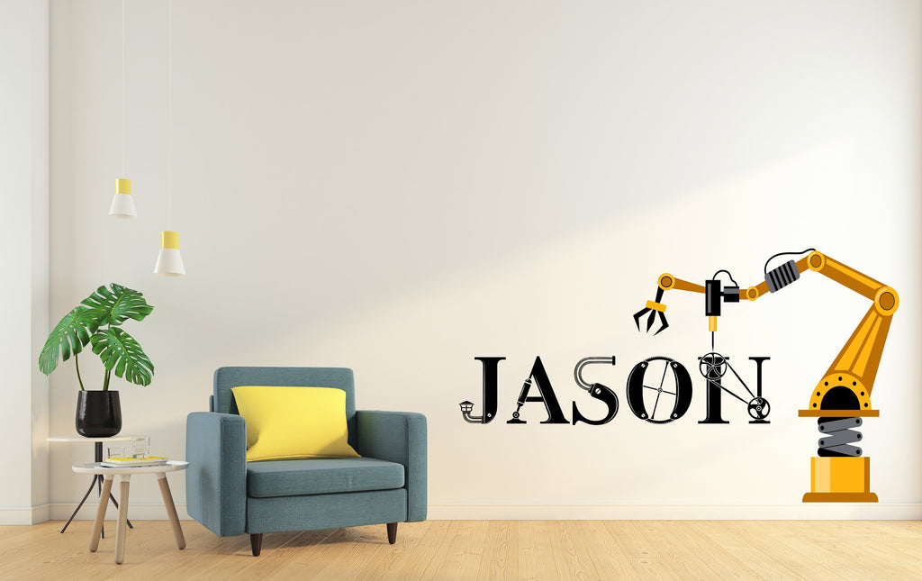 Robotic wall art sticker, kids room wall decor, Robot wall name decal, Contruction crane personalized name robotic wall vinyl decal 010LU