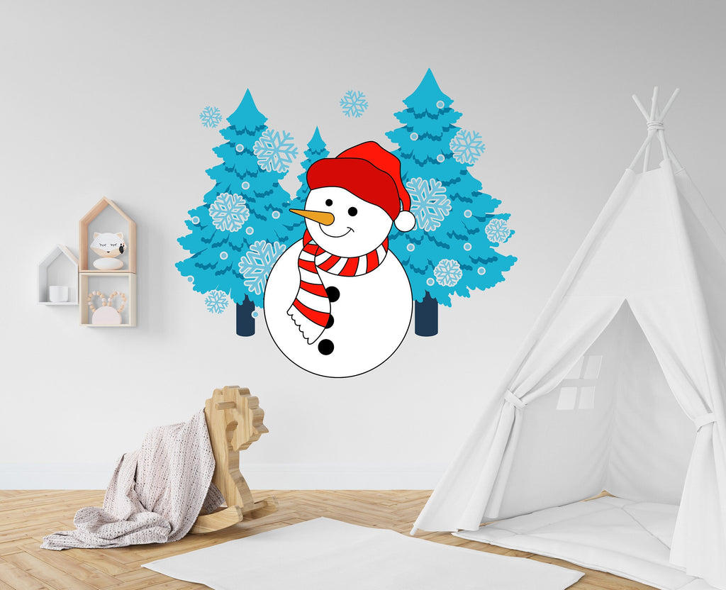 Snowman Winter Tree Christmas Wall Decal - Christmas Wall Sticker - Vinyl Decal Christmas Sticker - Snowman Stickers - Snowman Decals 024LU