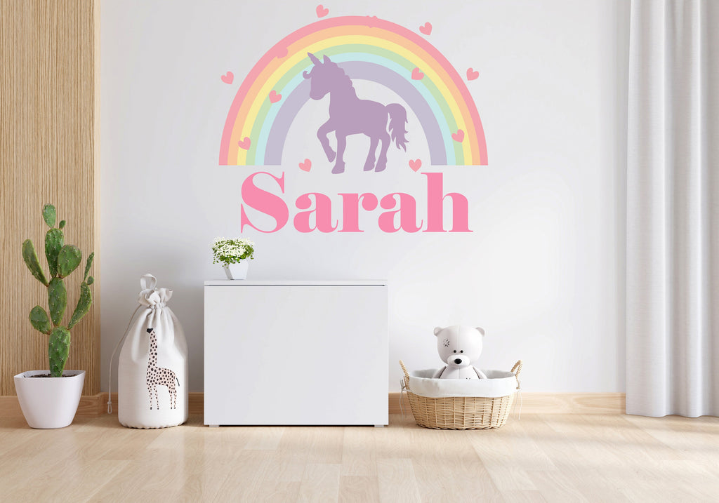 Personalized Girls Name Wall Decal, Unicorn Wall Decals, Rainbow & Hearts Vinyl Wall Decor for Babies Kids Girls Wall Custom Stickers 026LU