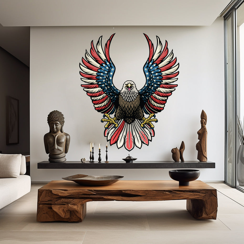 US Flag Decal, Bald Eagle USA Flag Wall Sticker, Patriotic Home Decor, Wings Of The American Flag Vinyl Wallpaper, American Symbol Art 027RS