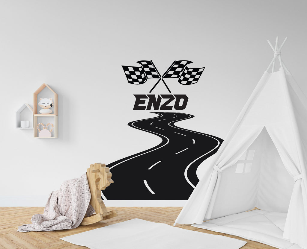 Large Custom Name Racing Car Tire Checkered Flags Wall Decal Wheel F1 Decal Personalized Racing Car Flag Vinyl Wall Sticker-Boy Room 042RS