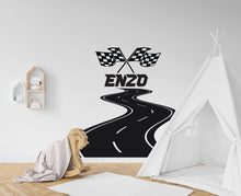 Load image into Gallery viewer, Large Custom Name Racing Car Tire Checkered Flags Wall Decal Wheel F1 Decal Personalized Racing Car Flag Vinyl Wall Sticker-Boy Room 042RS
