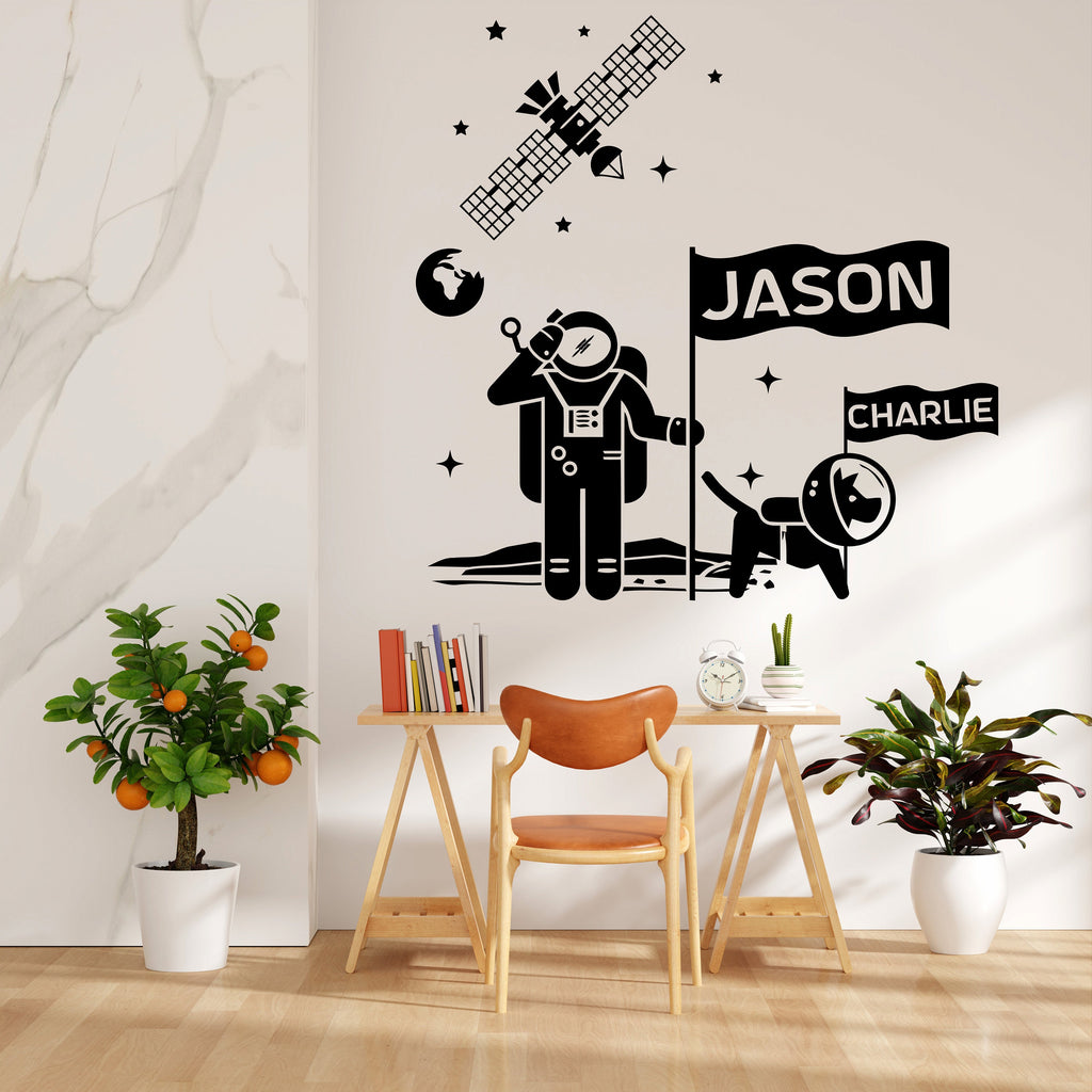 Custom name Astronaut and Dog wall decal, Space dog wall art decal, Astronaut room wall decor, Nursery, Space wall art decor, Playroom 006LU