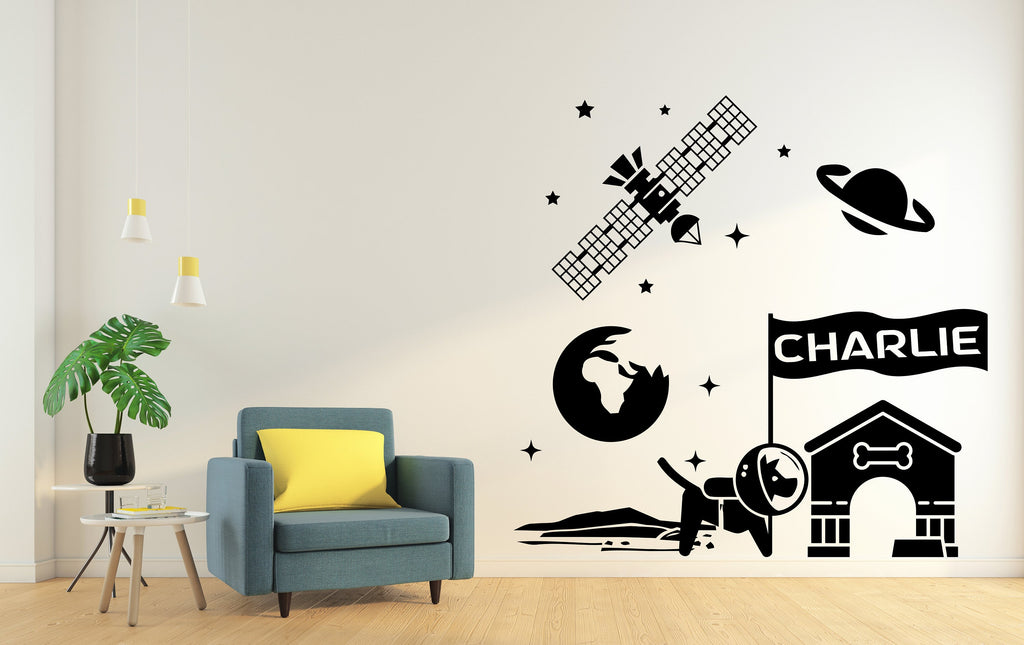 Custom name Astronaut Dog Kennel wall decal, Space dog wall art decal, Dog room wall decor, Nursery, Space wall art decor, Playroom 007LU