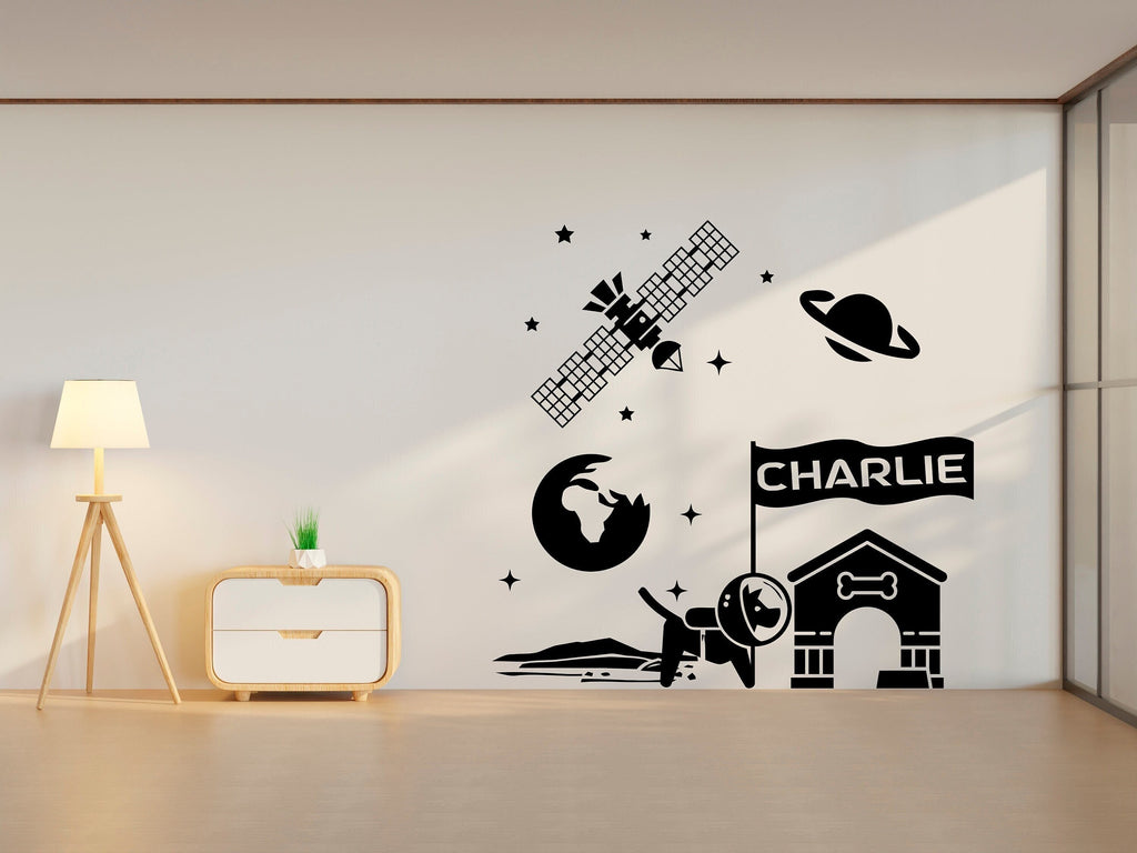 Custom name Astronaut Dog Kennel wall decal, Space dog wall art decal, Dog room wall decor, Nursery, Space wall art decor, Playroom 007LU