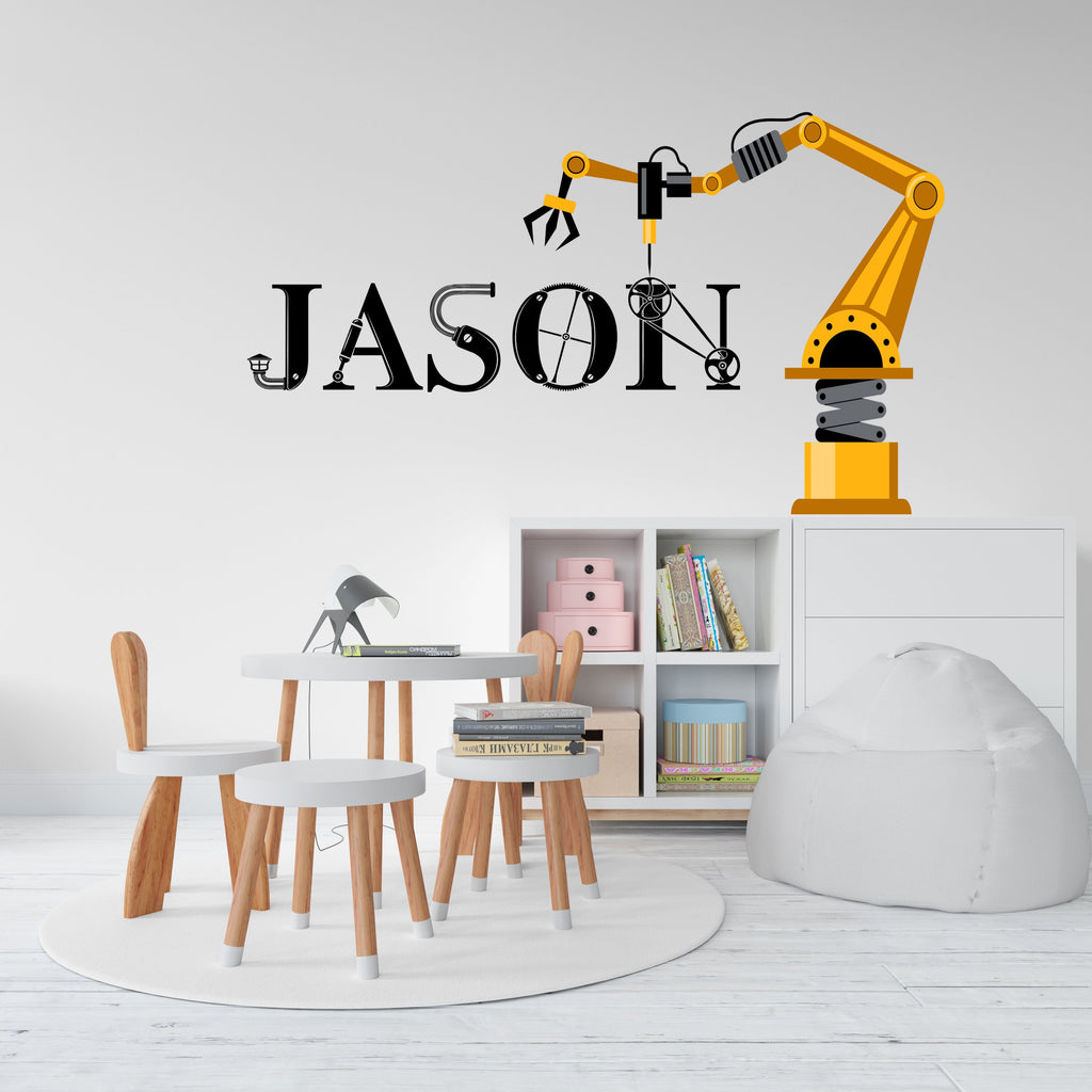 Robotic wall art sticker, kids room wall decor, Robot wall name decal, Contruction crane personalized name robotic wall vinyl decal 010LU