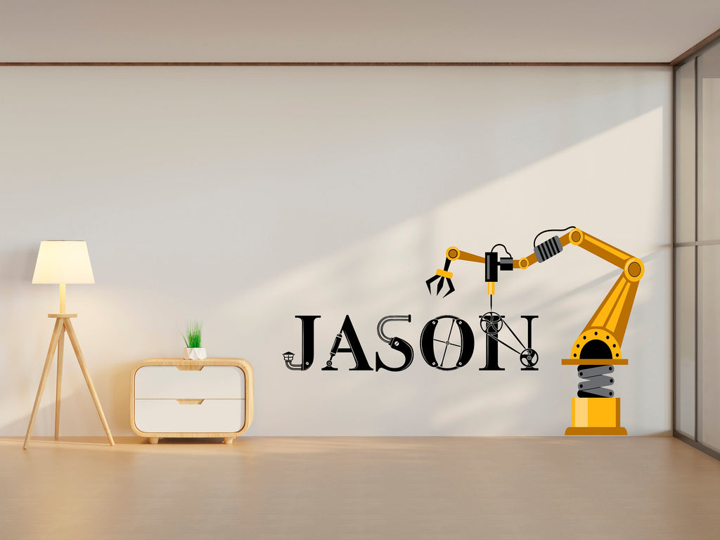 Robotic wall art sticker, kids room wall decor, Robot wall name decal, Contruction crane personalized name robotic wall vinyl decal 010LU