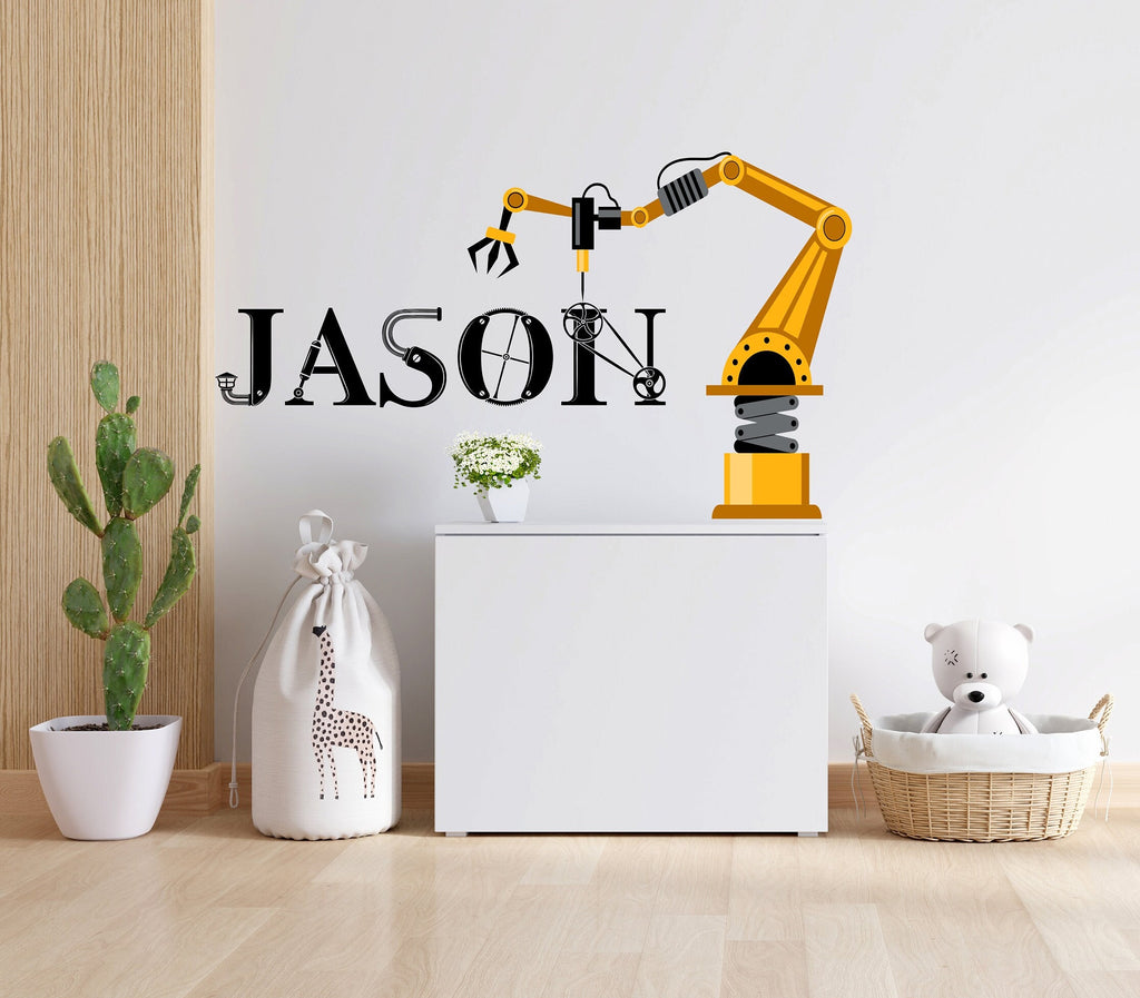 Robotic wall art sticker, kids room wall decor, Robot wall name decal, Contruction crane personalized name robotic wall vinyl decal 010LU