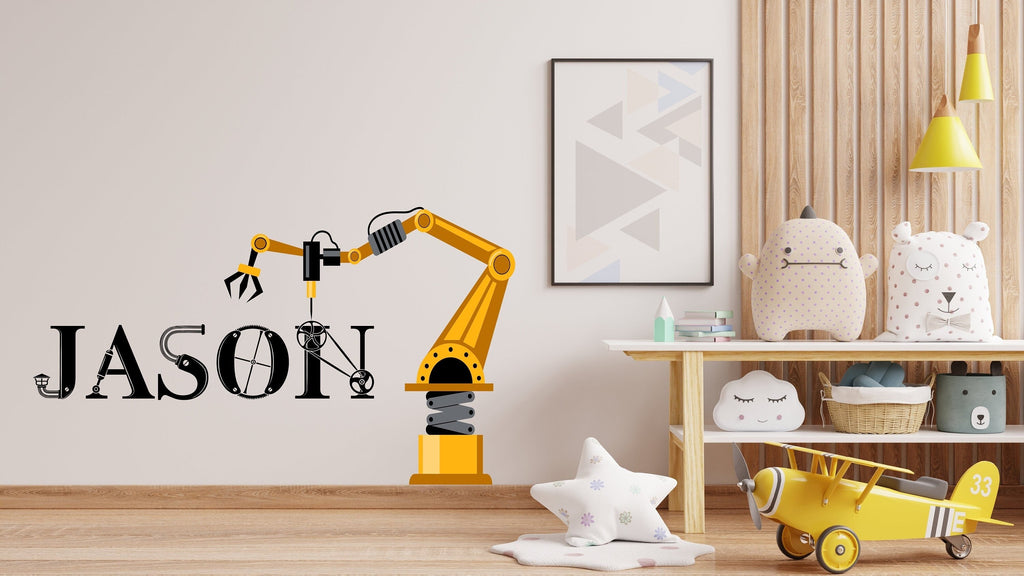 Robotic wall art sticker, kids room wall decor, Robot wall name decal, Contruction crane personalized name robotic wall vinyl decal 010LU