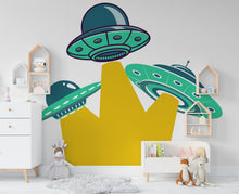 Load image into Gallery viewer, UFO Space Ship Alien Kids Room Wall Sticker Vinyl Decal Mural Art Deco, Nursery Wall Decals, Rocket Ship Decal, Outer Space Room Decor 099LU