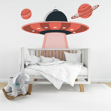 Load image into Gallery viewer, UFO Space Ship Alien Kids Room Wall Sticker Vinyl Decal Mural Art Deco, Nursery Wall Decals, Rocket Ship Decal, Outer Space Room Decor 100LU