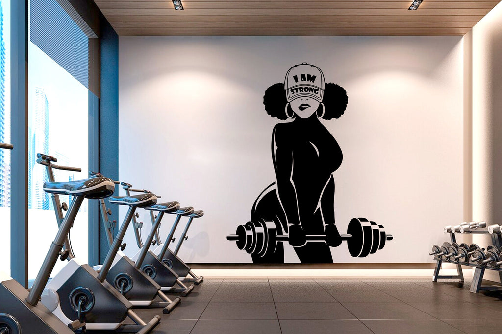 I am Strong, Afro American Fitness Wall Decal Afro Girl Workout Wall Decal Gym Wall Decor Motivational Quote Wall Decal 015RS