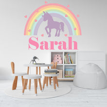 Load image into Gallery viewer, Personalized Girls Name Wall Decal, Unicorn Wall Decals, Rainbow &amp; Hearts Vinyl Wall Decor for Babies Kids Girls Wall Custom Stickers 026LU
