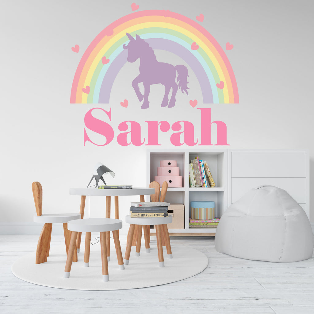 Personalized Girls Name Wall Decal, Unicorn Wall Decals, Rainbow & Hearts Vinyl Wall Decor for Babies Kids Girls Wall Custom Stickers 026LU