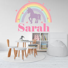 Load image into Gallery viewer, Personalized Girls Name Wall Decal, Unicorn Wall Decals, Rainbow &amp; Hearts Vinyl Wall Decor for Babies Kids Girls Wall Custom Stickers 026LU